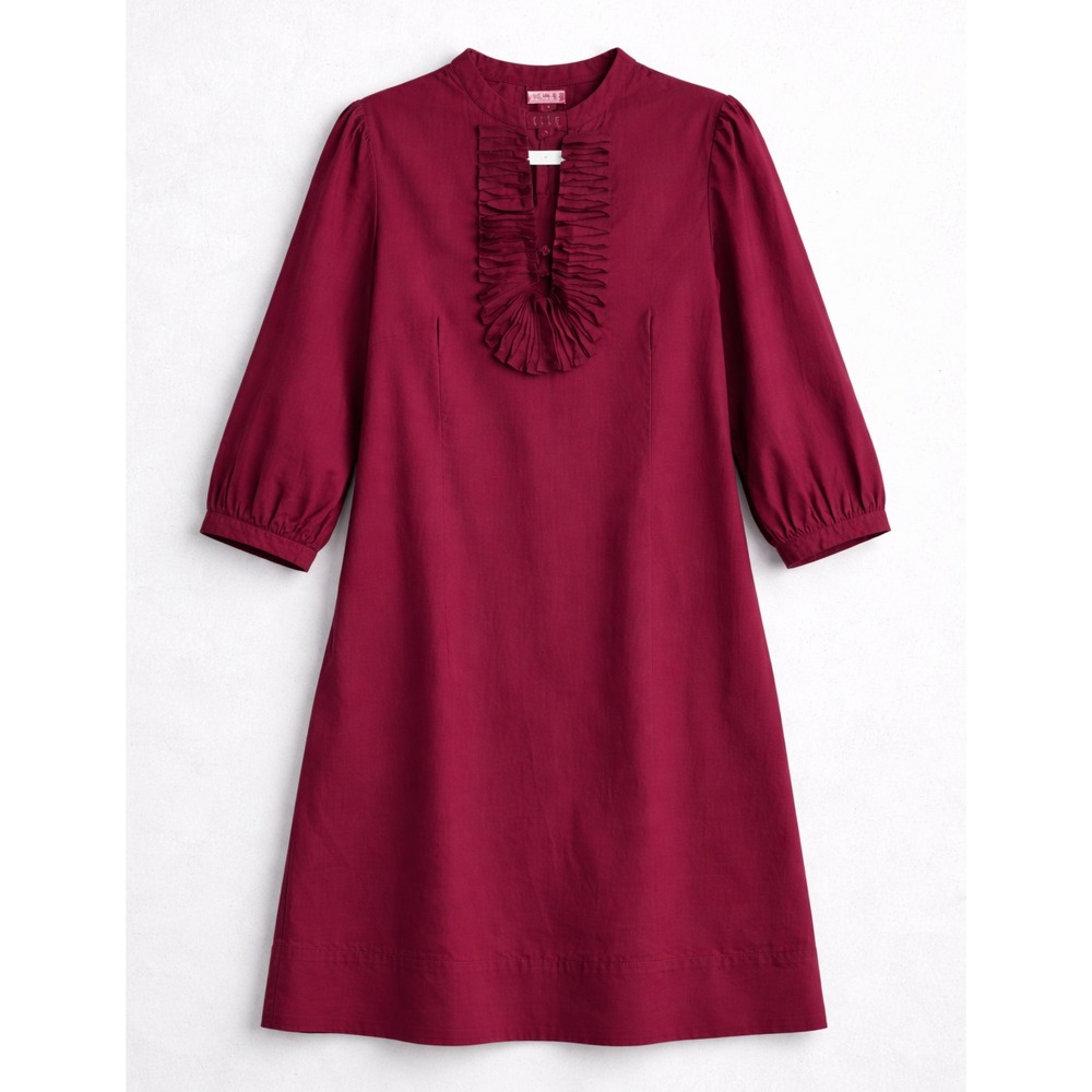 ELLE Shift Dress Women Medium Burgundy Ruffle Bib Split Neck 3/4 Sleeve Career